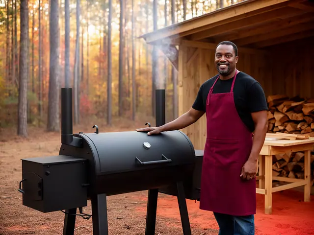 A smiling caterer in a burgundy apron with a hand on a new black offset smoker among tall pines.