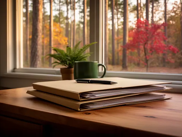 A neat stack of closed manila folders and a pen on a desk by a window.