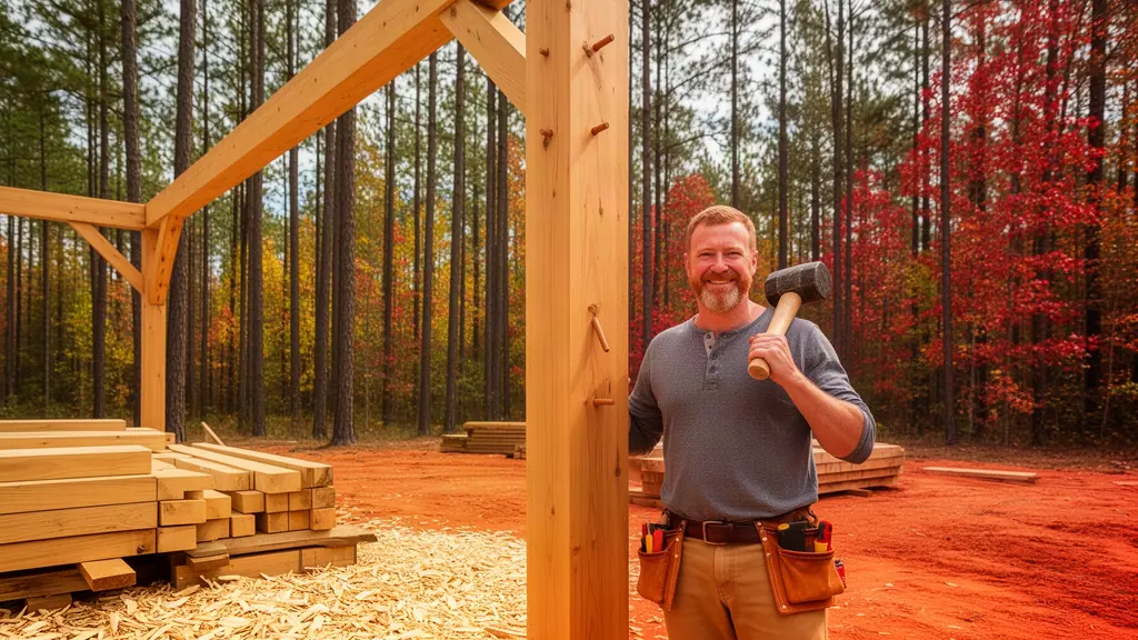 A smiling timber framer with a wooden mallet on his shoulder beside a new oak timber frame in a pine clearing.