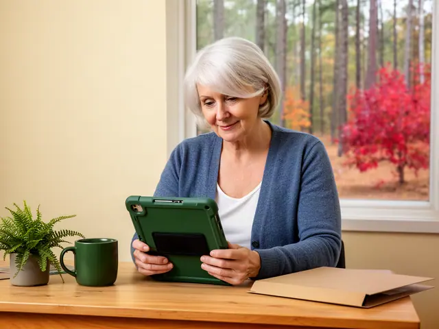 A woman with silver hair reviewing a tablet in a green case at a desk by a window onto autumn pines.