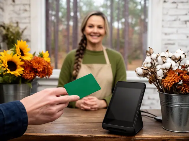 A customer holds a green card over a counter terminal at a flower shop with sunflowers and cotton stems.