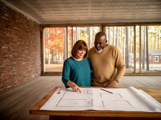 Two business partners looking over a pencil floor sketch in an empty storefront.
