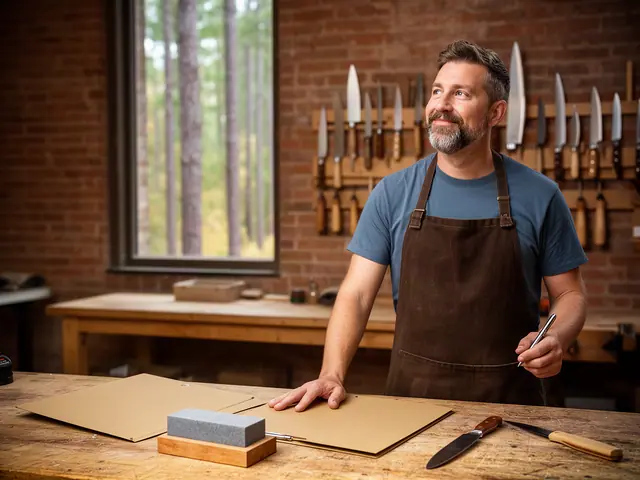 A smiling knife sharpener in a brown apron at a workbench with a whetstone, knives and a closed folder.